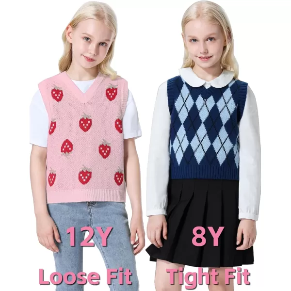 Mebius Girls Cute Preppy Sweater Vest Sleeveless V Neck Knit Casual School Plaid Checkered Strawberry Cropped TopPink Strawberry