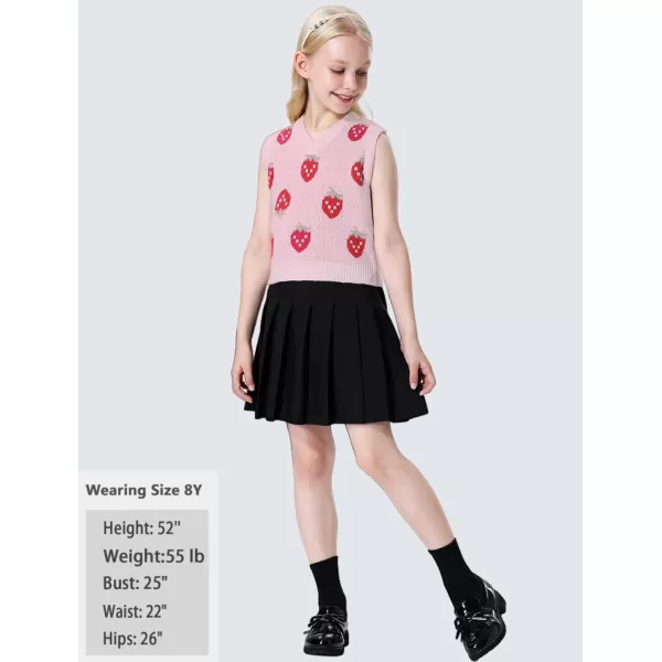 Mebius Girls Cute Preppy Sweater Vest Sleeveless V Neck Knit Casual School Plaid Checkered Strawberry Cropped TopPink Strawberry