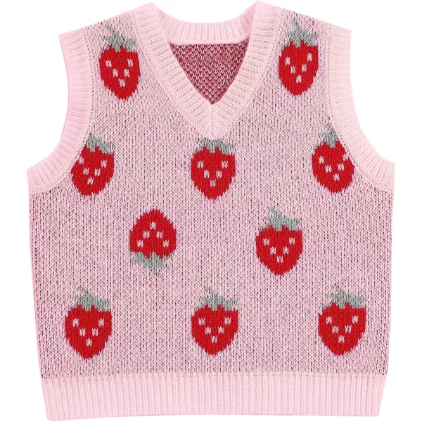 Mebius Girls Cute Preppy Sweater Vest Sleeveless V Neck Knit Casual School Plaid Checkered Strawberry Cropped TopPink Strawberry