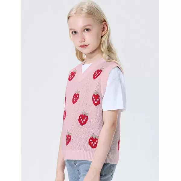 Mebius Girls Cute Preppy Sweater Vest Sleeveless V Neck Knit Casual School Plaid Checkered Strawberry Cropped TopPink Strawberry