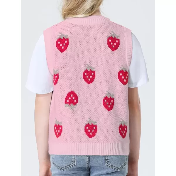 Mebius Girls Cute Preppy Sweater Vest Sleeveless V Neck Knit Casual School Plaid Checkered Strawberry Cropped TopPink Strawberry