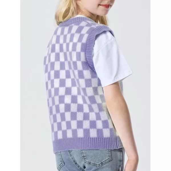 Mebius Girls Cute Preppy Sweater Vest Sleeveless V Neck Knit Casual School Plaid Checkered Strawberry Cropped TopPurple Checkered