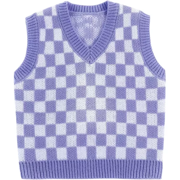 Mebius Girls Cute Preppy Sweater Vest Sleeveless V Neck Knit Casual School Plaid Checkered Strawberry Cropped TopPurple Checkered
