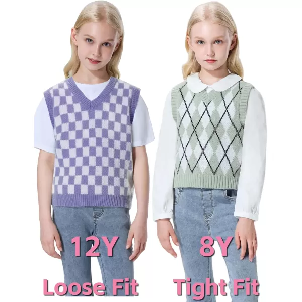 Mebius Girls Cute Preppy Sweater Vest Sleeveless V Neck Knit Casual School Plaid Checkered Strawberry Cropped TopPurple Checkered