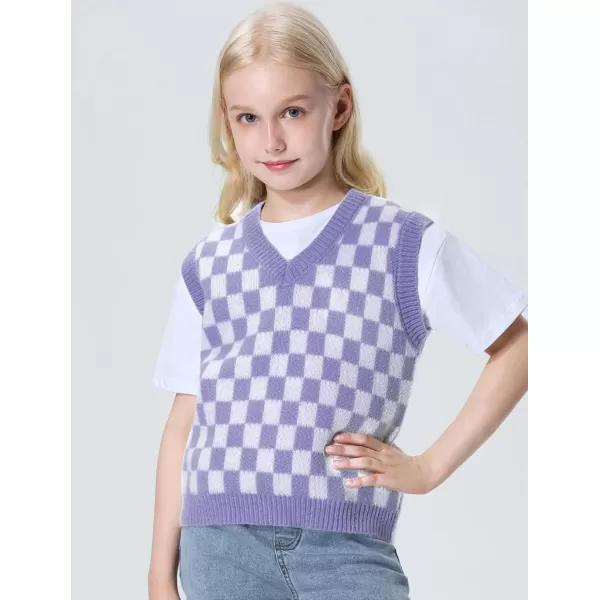 Mebius Girls Cute Preppy Sweater Vest Sleeveless V Neck Knit Casual School Plaid Checkered Strawberry Cropped TopPurple Checkered