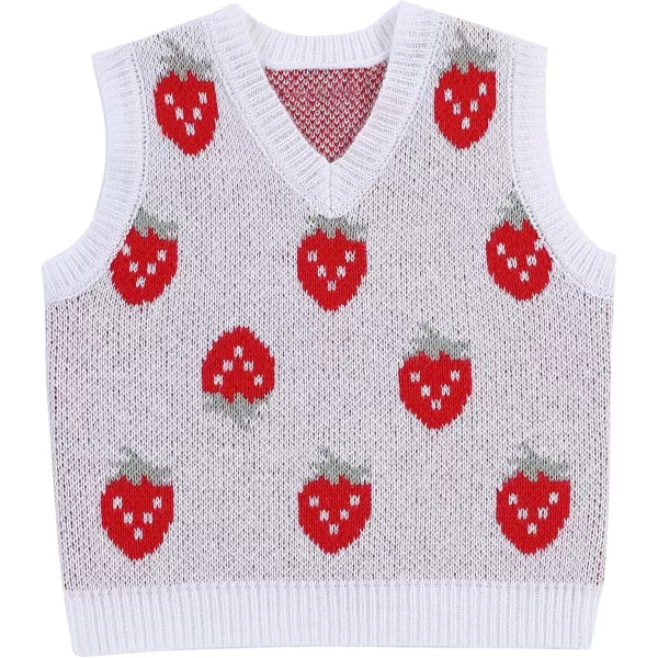 Mebius Girls Cute Preppy Sweater Vest Sleeveless V Neck Knit Casual School Plaid Checkered Strawberry Cropped TopWhite Strawberry