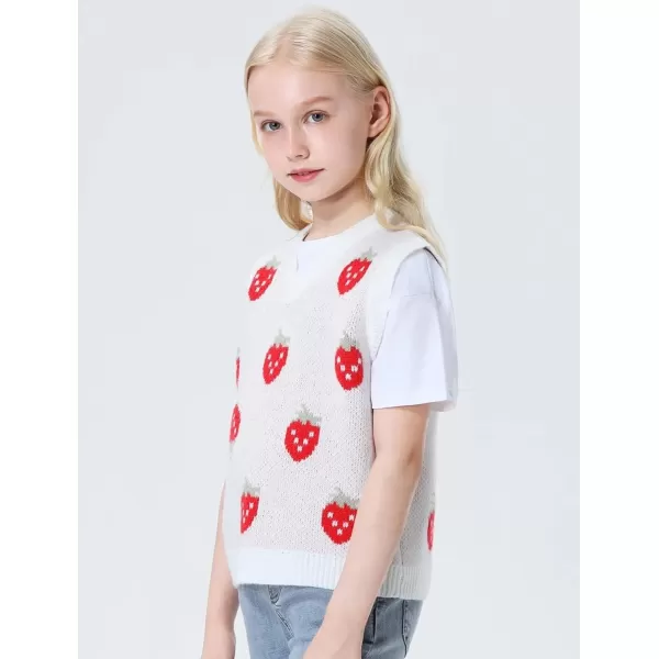 Mebius Girls Cute Preppy Sweater Vest Sleeveless V Neck Knit Casual School Plaid Checkered Strawberry Cropped TopWhite Strawberry