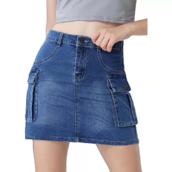 Mebius Girls Cargo Skirt Cotton Elastic High Waist ALine Short Mini Skirt with Pockets for School Casual 814YBlue