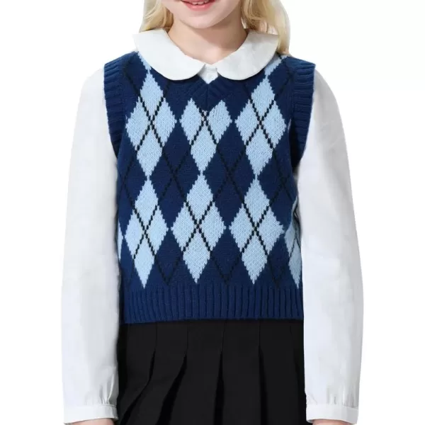 Mebius Girls Cute Preppy Sweater Vest Sleeveless V Neck Knit Casual School Plaid Checkered Strawberry Cropped TopBlue Argyle