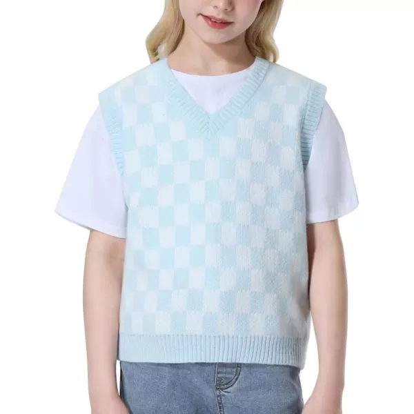 Mebius Girls Cute Preppy Sweater Vest Sleeveless V Neck Knit Casual School Plaid Checkered Strawberry Cropped TopBlue Checkered