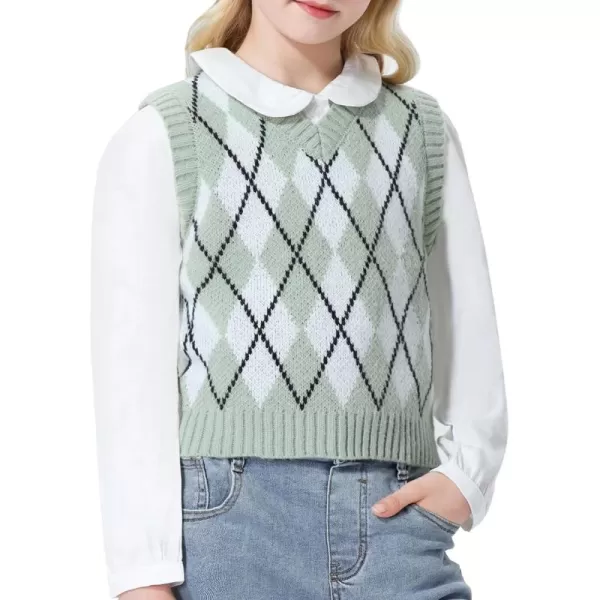 Mebius Girls Cute Preppy Sweater Vest Sleeveless V Neck Knit Casual School Plaid Checkered Strawberry Cropped TopGreen Argyle