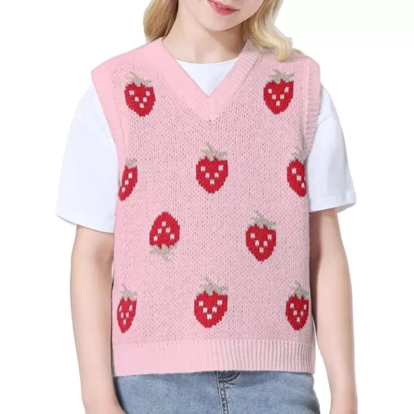 Mebius Girls Cute Preppy Sweater Vest Sleeveless V Neck Knit Casual School Plaid Checkered Strawberry Cropped TopPink Strawberry