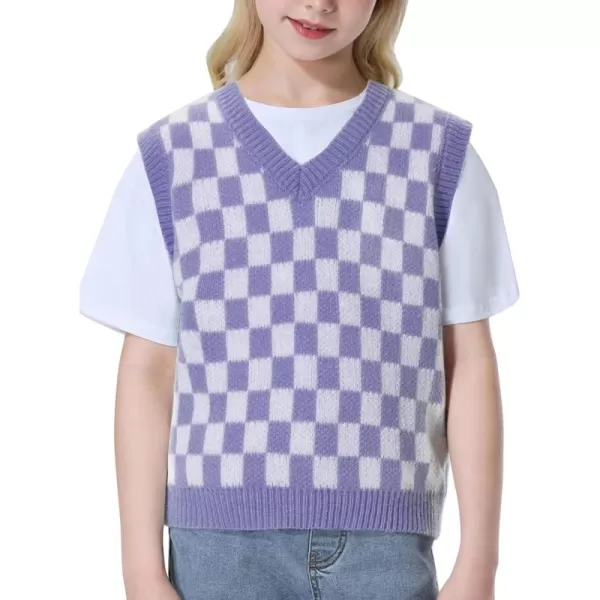 Mebius Girls Cute Preppy Sweater Vest Sleeveless V Neck Knit Casual School Plaid Checkered Strawberry Cropped TopPurple Checkered