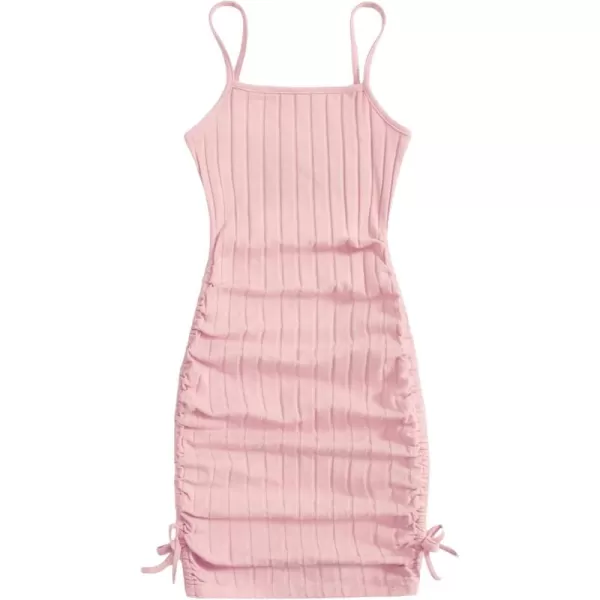Mebius Girls Spaghetti Strap Bodycon Ribbed Knit Drawstring Side Ruched Square Neck Short Cami Tight Pencil Dress Pink 10Y