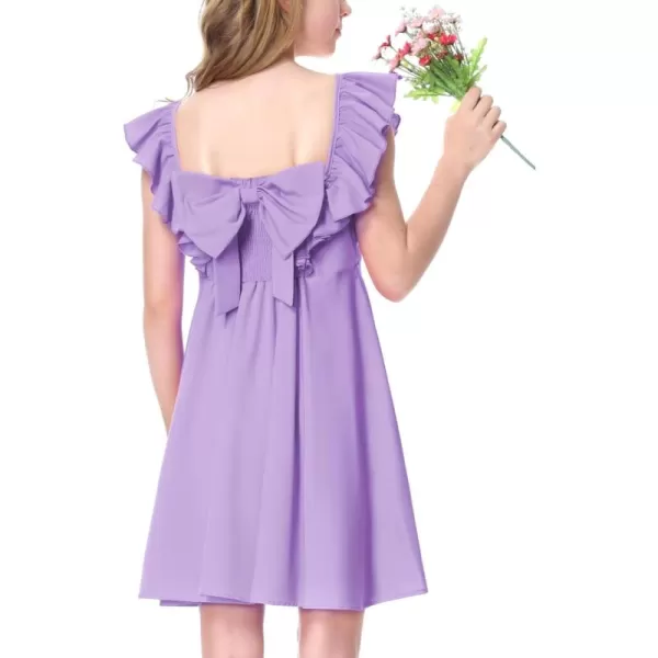 Mebius Girls Tween Cute Square Neck Bow Back Ruffle Sleeve Preppy Dress School Dance A Line Dresses Purple 12Y