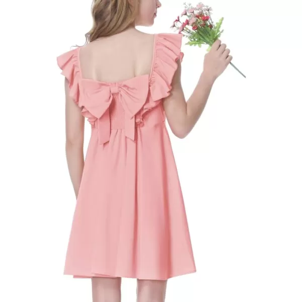 Mebius Girls Tween Cute Square Neck Bow Back Ruffle Sleeve Preppy Dress School Dance A Line Dresses Pink 10Y