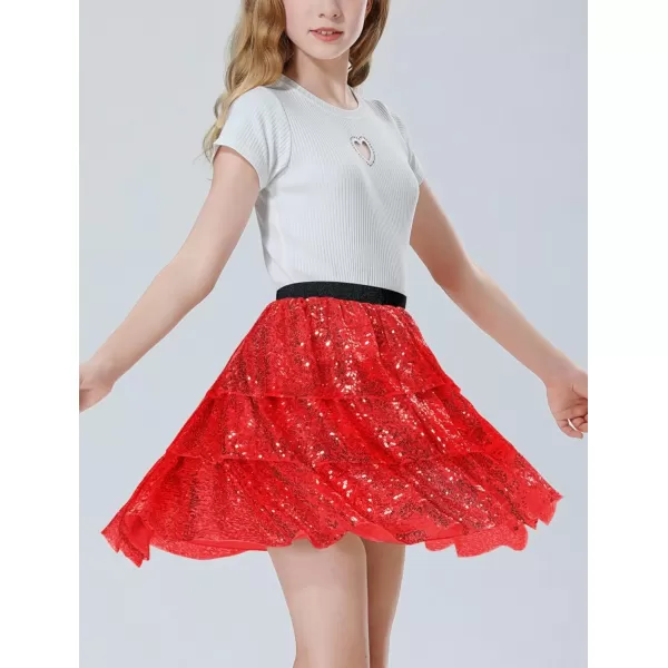 Mebius Girls Sequin Sparkly Skirt Elastic Waist Sparkle Glitter Kids for Party with 612YRed