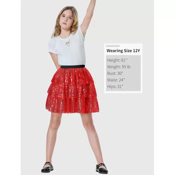 Mebius Girls Sequin Sparkly Skirt Elastic Waist Sparkle Glitter Kids for Party with 612YRed