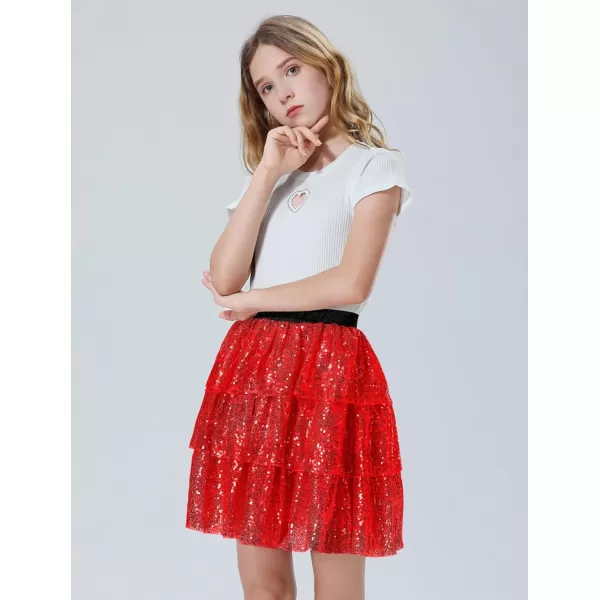 Mebius Girls Sequin Sparkly Skirt Elastic Waist Sparkle Glitter Kids for Party with 612YRed