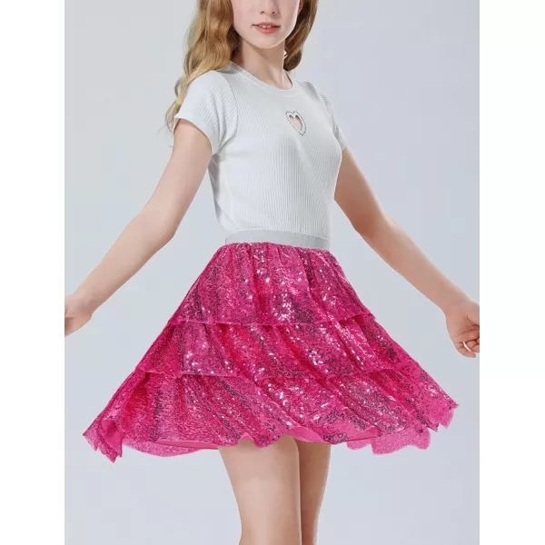 Mebius Girls Sequin Sparkly Skirt Elastic Waist Sparkle Glitter Kids for Party with 612YRose Red