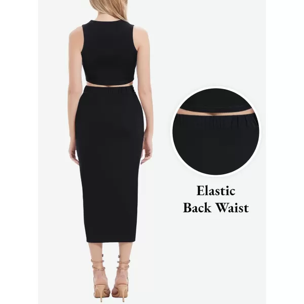 Womens 2 Piece Summer Outfits Crew Neck Crop Top V Cut Split Bodycon Ruched Midi Skirt Set Solid Set for Casual PartyBlack
