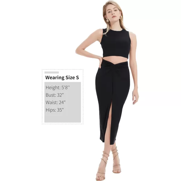 Womens 2 Piece Summer Outfits Crew Neck Crop Top V Cut Split Bodycon Ruched Midi Skirt Set Solid Set for Casual PartyBlack