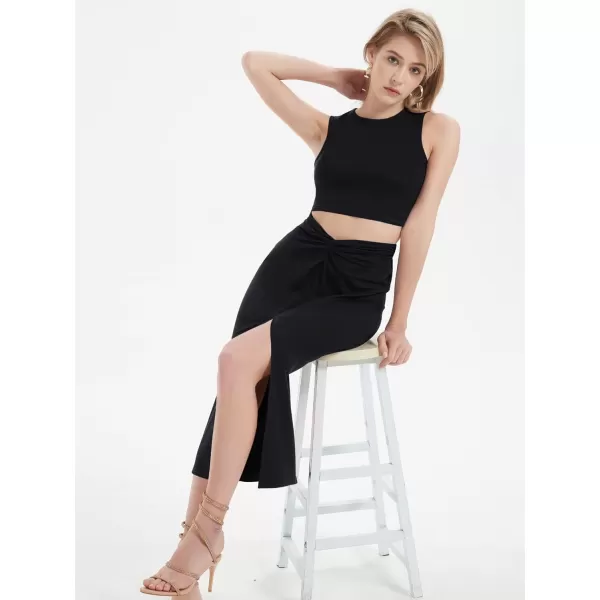 Womens 2 Piece Summer Outfits Crew Neck Crop Top V Cut Split Bodycon Ruched Midi Skirt Set Solid Set for Casual PartyBlack