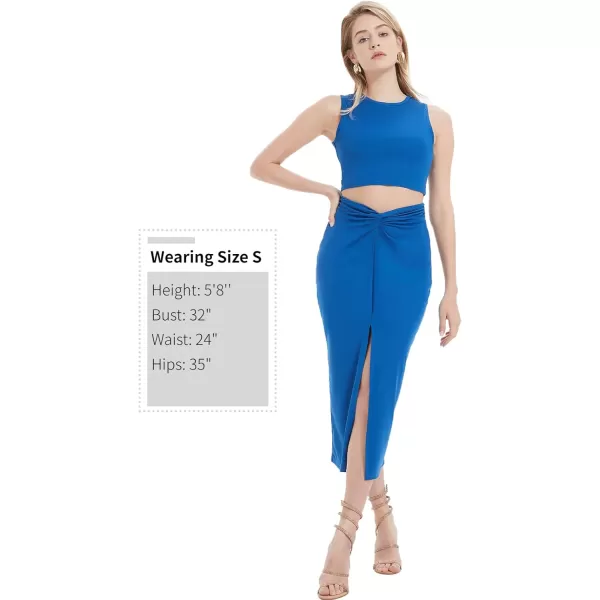 Womens 2 Piece Summer Outfits Crew Neck Crop Top V Cut Split Bodycon Ruched Midi Skirt Set Solid Set for Casual PartyBlue