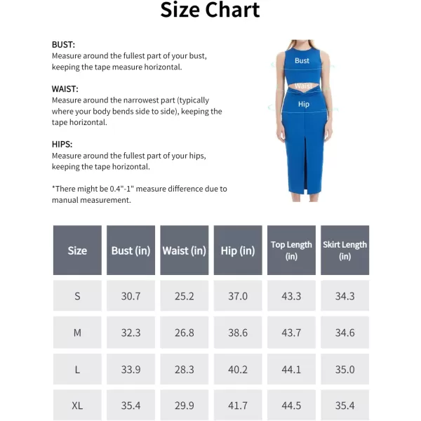 Womens 2 Piece Summer Outfits Crew Neck Crop Top V Cut Split Bodycon Ruched Midi Skirt Set Solid Set for Casual PartyBlue
