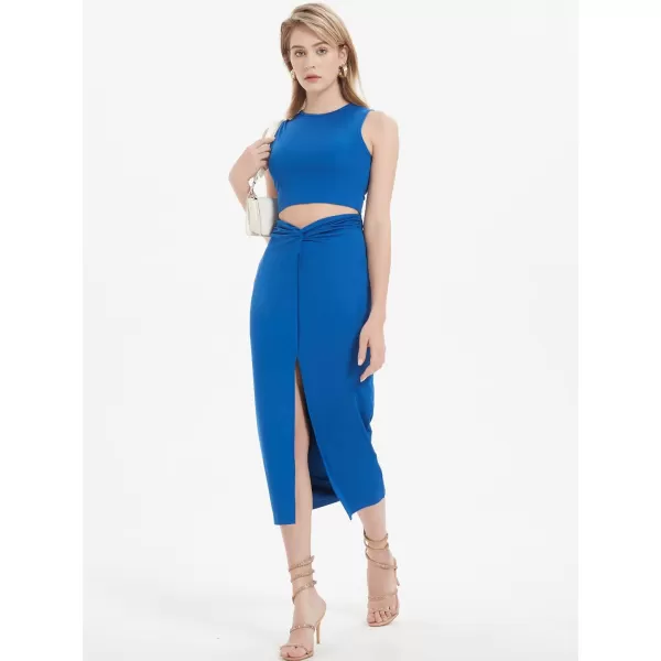 Womens 2 Piece Summer Outfits Crew Neck Crop Top V Cut Split Bodycon Ruched Midi Skirt Set Solid Set for Casual PartyBlue