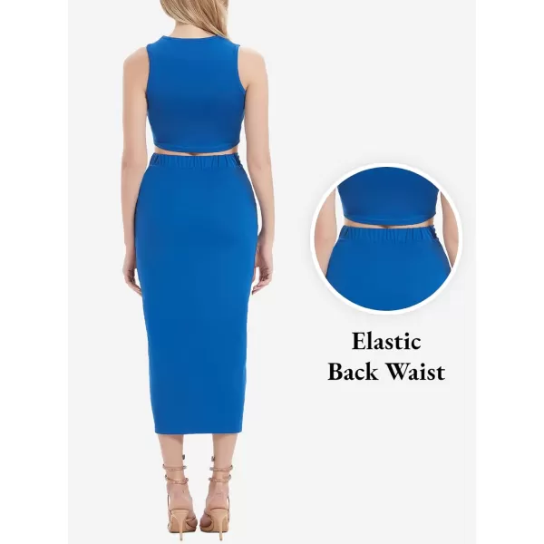 Womens 2 Piece Summer Outfits Crew Neck Crop Top V Cut Split Bodycon Ruched Midi Skirt Set Solid Set for Casual PartyBlue
