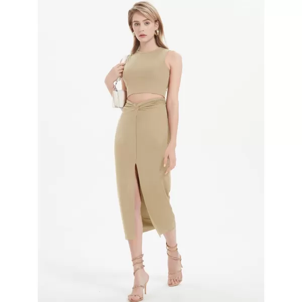 Womens 2 Piece Summer Outfits Crew Neck Crop Top V Cut Split Bodycon Ruched Midi Skirt Set Solid Set for Casual PartyBrown