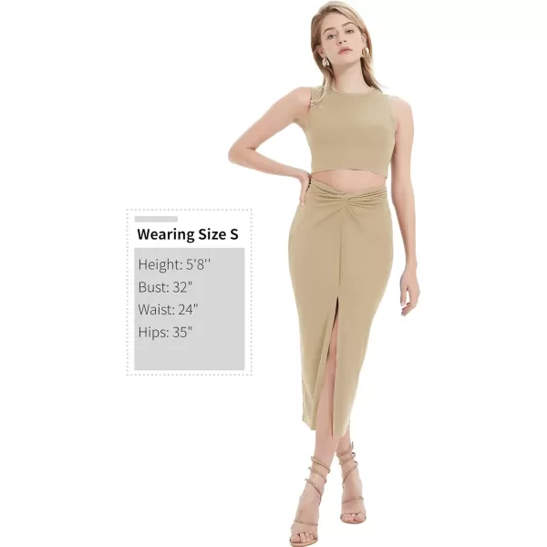 Womens 2 Piece Summer Outfits Crew Neck Crop Top V Cut Split Bodycon Ruched Midi Skirt Set Solid Set for Casual PartyBrown