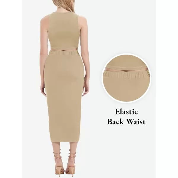Womens 2 Piece Summer Outfits Crew Neck Crop Top V Cut Split Bodycon Ruched Midi Skirt Set Solid Set for Casual PartyBrown