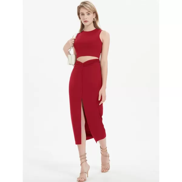 Womens 2 Piece Summer Outfits Crew Neck Crop Top V Cut Split Bodycon Ruched Midi Skirt Set Solid Set for Casual PartyRed