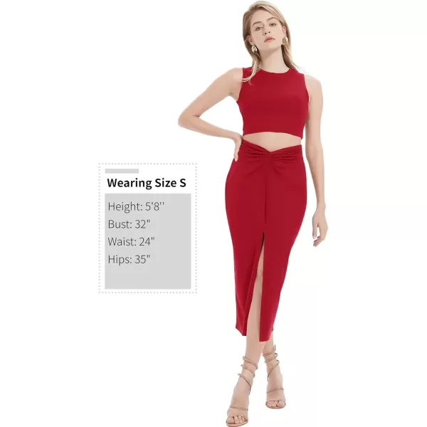 Womens 2 Piece Summer Outfits Crew Neck Crop Top V Cut Split Bodycon Ruched Midi Skirt Set Solid Set for Casual PartyRed