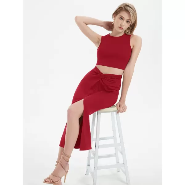 Womens 2 Piece Summer Outfits Crew Neck Crop Top V Cut Split Bodycon Ruched Midi Skirt Set Solid Set for Casual PartyRed