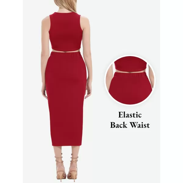 Womens 2 Piece Summer Outfits Crew Neck Crop Top V Cut Split Bodycon Ruched Midi Skirt Set Solid Set for Casual PartyRed