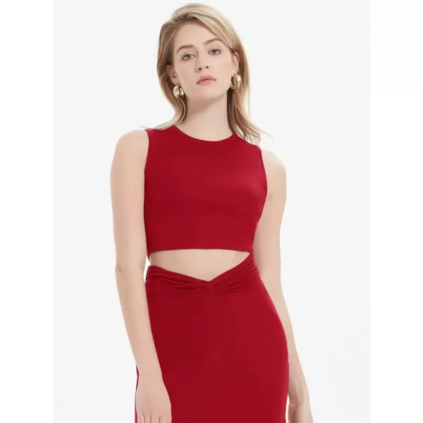 Womens 2 Piece Summer Outfits Crew Neck Crop Top V Cut Split Bodycon Ruched Midi Skirt Set Solid Set for Casual PartyRed
