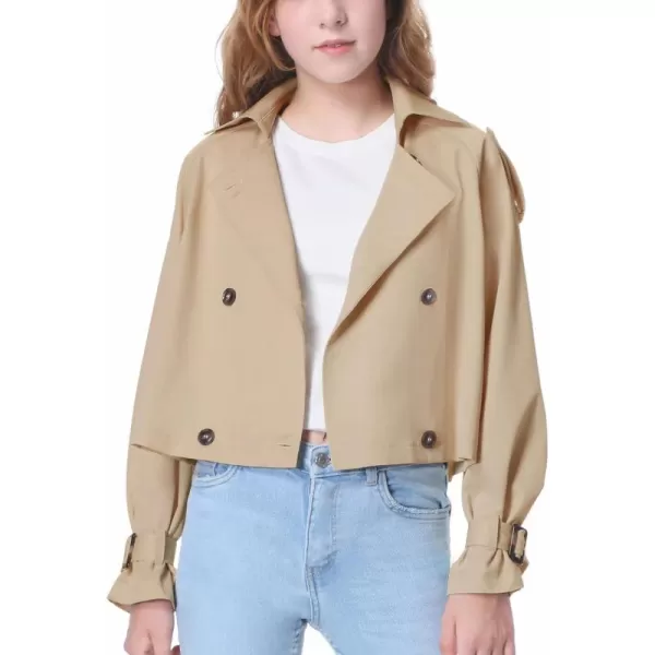Mebius Girls Trench Coat CroppedLong Double Breasted Lapel Jacket Long Sleeve Casual Outerwear For Kids 612YKhaki