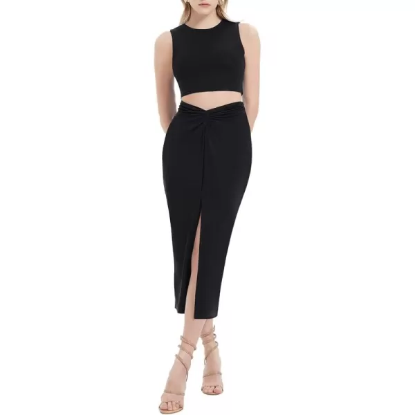 Womens 2 Piece Summer Outfits Crew Neck Crop Top V Cut Split Bodycon Ruched Midi Skirt Set Solid Set for Casual PartyBlack