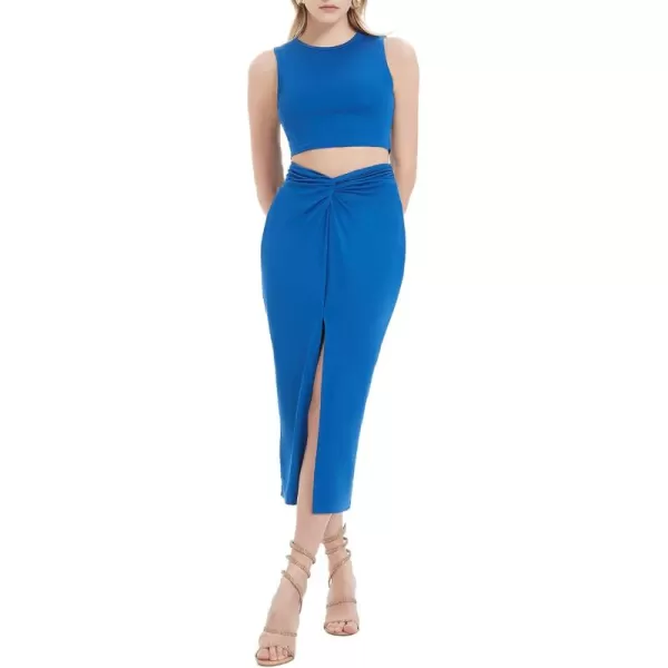 Womens 2 Piece Summer Outfits Crew Neck Crop Top V Cut Split Bodycon Ruched Midi Skirt Set Solid Set for Casual PartyBlue