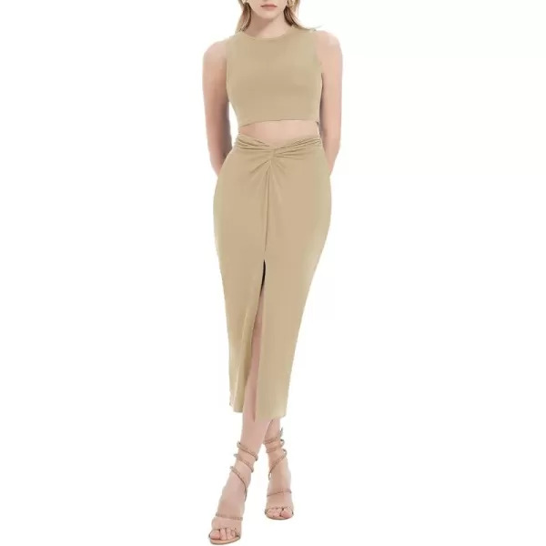 Womens 2 Piece Summer Outfits Crew Neck Crop Top V Cut Split Bodycon Ruched Midi Skirt Set Solid Set for Casual PartyBrown