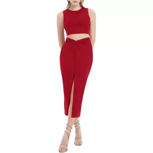 Womens 2 Piece Summer Outfits Crew Neck Crop Top V Cut Split Bodycon Ruched Midi Skirt Set Solid Set for Casual PartyRed