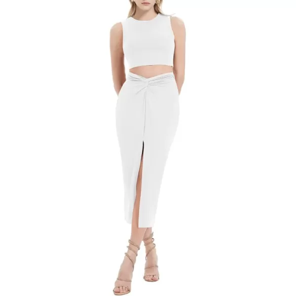 Womens 2 Piece Summer Outfits Crew Neck Crop Top V Cut Split Bodycon Ruched Midi Skirt Set Solid Set for Casual PartyWhite