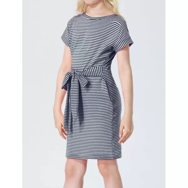 Mebius Girls Bodycon Short Sleeve Dress T Shirt Tee Mini Dresses Summer Casual Tie Waist with PocketsBlue