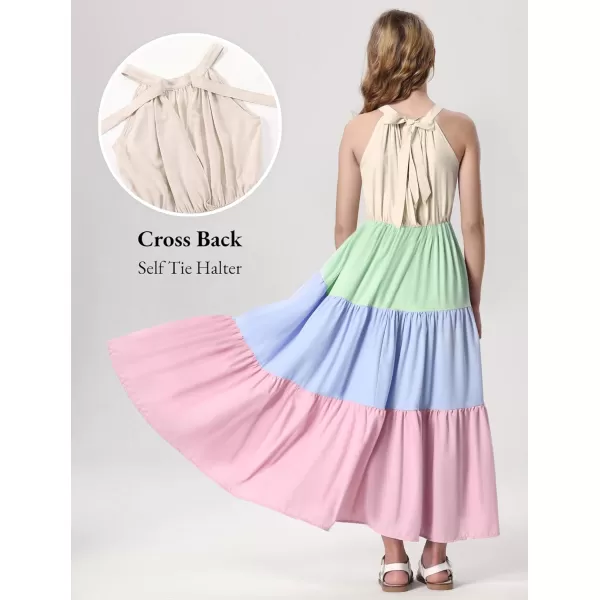 Mebius Girls Halter Neck Flowy Long Maxi Dress Back Tie Sleeveless Casual Party Aline Tiered Dresses for 612 YearsMulticolor B