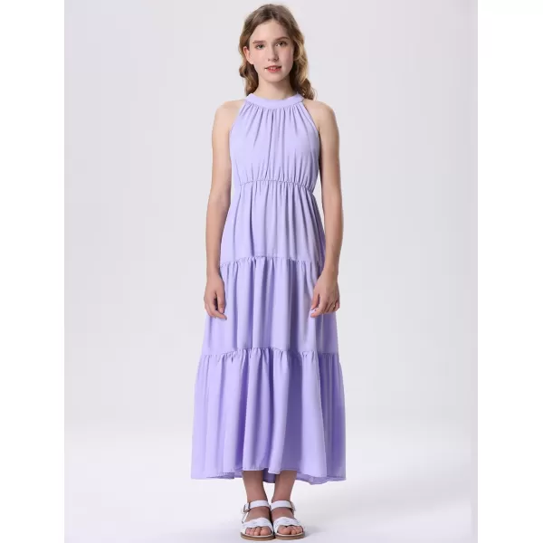 Mebius Girls Halter Neck Flowy Long Maxi Dress Back Tie Sleeveless Casual Party Aline Tiered Dresses for 612 YearsPurple