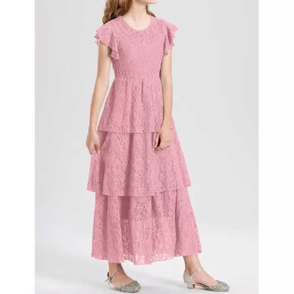 Mebius Girls Lace Maxi Long Dress Ruffle Sleeve Crewneck Tiered ALine Swing Wedding Party DressesPink