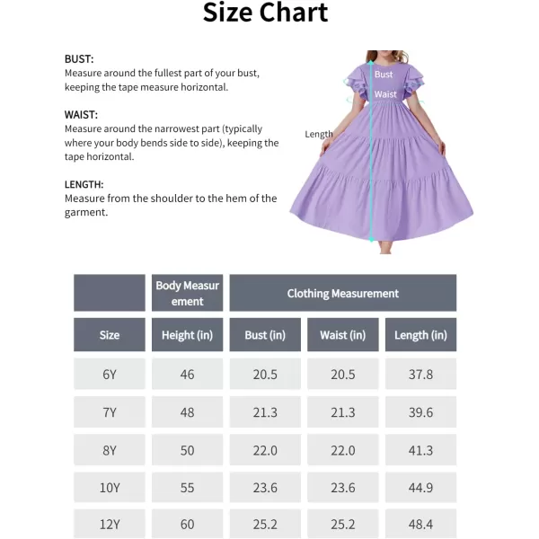 Mebius Girls Maxi Long Smocked Dresses Kids Boho Summer Flowy Ruffle Sleeve Tiered Flutter Sleeve Aline Dress 612YPurple